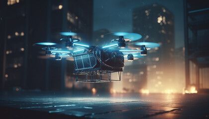 Poster - Futuristic drone technology delivers glowing air vehicle in dark cityscape generated by AI