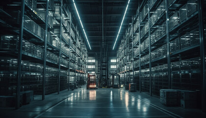 Wall Mural - Inside a futuristic warehouse, equipment in a row, illuminated brightly generated by AI