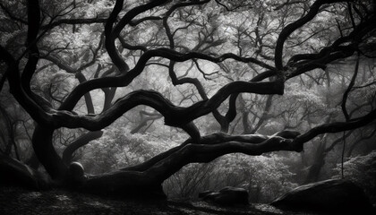 Wall Mural - Spooky forest silhouette, mystery and horror in nature beauty generated by AI