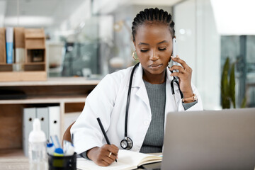 Canvas Print - Phone call, doctor and black woman writing notes for medical planning, schedule and agenda. Healthcare, clinic and female worker talking on smartphone for consulting, medicare service and discussion