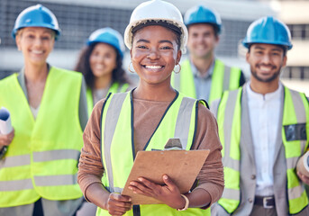 Poster - Engineer, construction and team with black woman or manager outdoor for civil engineering and building. Portrait of leader and gender equality with men and women together for site engineering project