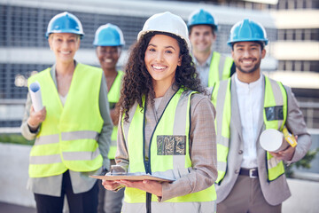 Poster - Engineering, construction and team with woman manager outdoor for civil engineer project. Portrait of leader and gender equality with men and women together for architecture, building and development