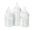 Three feeding bottles with milk on white background