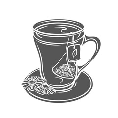 Sticker - Herbal tea cup glyph icon vector illustration. Stamp of mug with organic yoga tea for healthy sleep and wellness and paper bag with herbs, chamomile flowers on plate, teacup with anti stress beverage