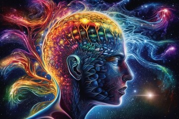 Wall Mural - human admiring colourful trails over space with stars, created using generative ai technology