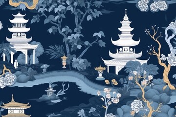 Wall Mural - repeatable pattern of chinoiserie on blue background, created using generative ai technology