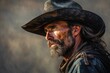 Profile of rugged caucasian cowboy with hat and beard, created using generative ai technology
