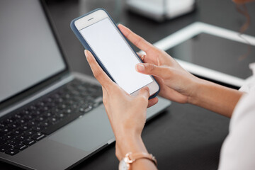 Poster - Hands, mockup and closeup of a woman with a phone networking on social media or mobile app. Technology, communication and female person browsing on the internet with cellphone with mock up space.