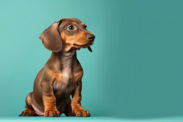 Wall Mural - Portrait of cute brown dachshund puppy on brown background, created using generative ai technology