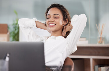 Laptop, relax and business woman in office resting after working on project, online proposal and report. Corporate workplace, professional and female worker complete, done and finish on computer