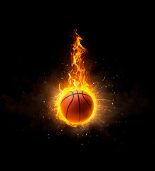 Wall Mural - basketball, on fire on black background