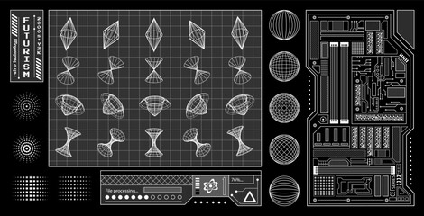 Wall Mural - Trendy set of Y2K retro futurism elements, 3d wireframe models, technology details, windows, dimensional graphic design shapes.