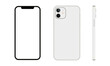 Modern white mobile phones with empty screens in three different perspectives. 