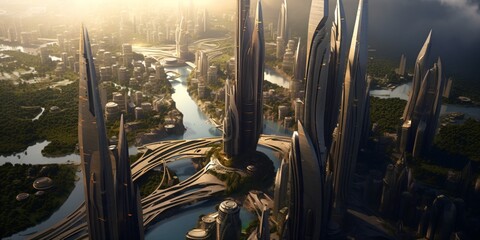 Wall Mural - futuristic high-tech city with advanced infrastructure, science fiction cityscape, fictional landsca