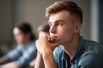 Wall Mural - cropped shot of a handsome male student sitting in class, created with generative ai