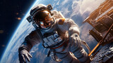 Fototapeta Sport - Space exploration, astronauts on a spacewalk, with Earth in the backdrop and the International Space Station (ISS) floating in space, Generated AI