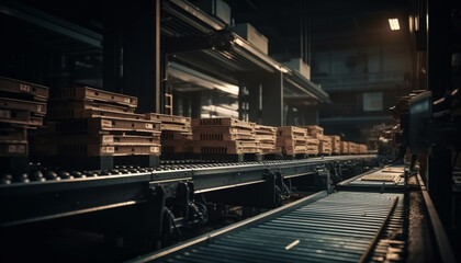 Canvas Print - Steel cars on conveyor belt move through factory production line generated by AI