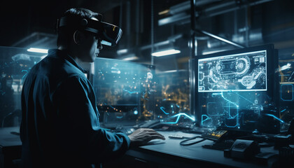 The expert engineer uses futuristic equipment to innovate industry technology generated by AI