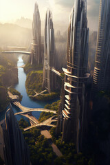 Wall Mural - futuristic high-tech city with advanced infrastructure, science fiction cityscape, fictional landsca