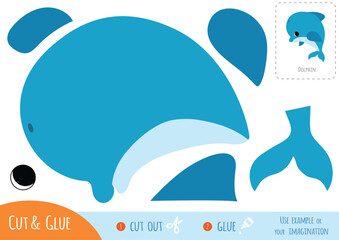 Wall Mural - Educational paper game for kids. Use scissors and glue to make a cute cartoon dolphin from the colored pieces