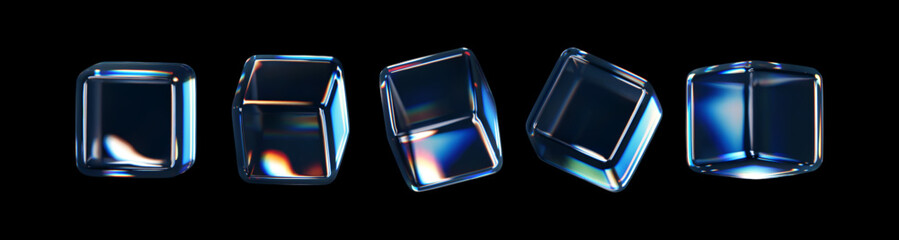 3d crystal glass cubes with refraction and holographic effect isolated on black background. Render transparent glass rotate box with overlay dispersion light, rainbow gradient. 3d vector illustration