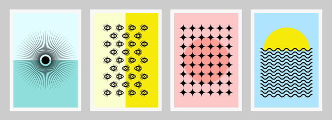Aufkleber - Geometric minimalist Summer posters. Modern bauhaus background set. Vector art abstract wave, simple shapes print. Art design for print, cover, wallpaper, Minimal wall art.
