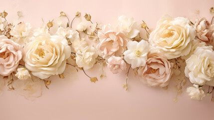 Wall Mural - elegant garland of light roses on a light background, created using AI tools
