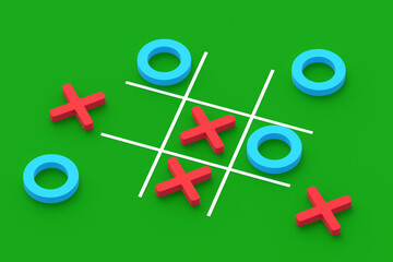 Tic tac toe game on green background. Funny leisure. 3d render