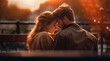 © Tatyana - Young couple in love sitting on a bench against sunrise with a city view