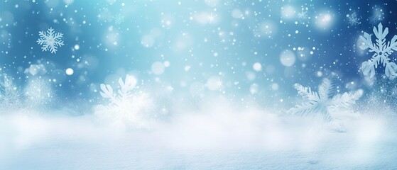 Beautiful background image of small snowdrifts, falling snow and snowflakes in white and blue tones