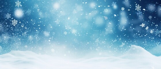 Beautiful background image of small snowdrifts, falling snow and snowflakes in white and blue tones