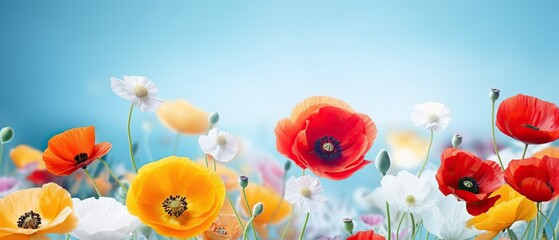 Wall Mural - Beautiful spring colorful natural flower background with red yellow and white poppies on light blue background