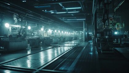 Canvas Print - Modern factory illuminates futuristic steel machinery in underground workshop generated by AI