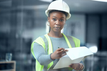 Canvas Print - Portrait, engineer and checklist for construction or building inspection, survey and checking logistics on project. Black woman, working on clipboard and contractor writing on paper and document