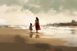 dipinto di madre e figlia sulla spiaggia