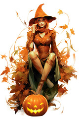 Wall Mural - A woman in a witch costume sitting next to a pumpkin. Generative AI.