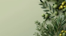 Background Olive Branch On A Green Background. Green Olives. Olive Oil. Green Banner. Copy Space. Generative Ai