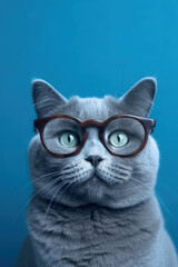 Wall Mural - Closeup of grey cat in eyeglasses, on solid blue background. AI generative.