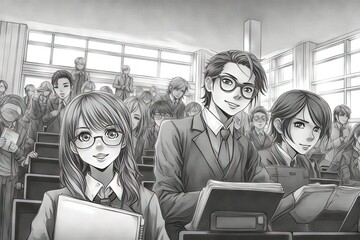 Wall Mural - professors and students getting settled in lecture halls, and working together in classrooms will be in demand Off to university, manga style illustration generative ai