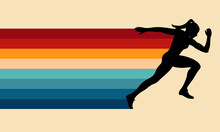 Sprinting Woman Vector Silhouette. Sprint, Fast Run. Runner Starts Running. Start. Vintage Striped Backgrounds, Posters, Banner Samples, Retro Colors From The 1970s 1980s, 70s, 80s, 90s. Retro Vintage