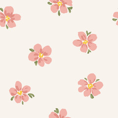 Wall Mural - Hand drawn seamless vector pattern with blooming summer flowers. Floral background with cute tiny flowers in trendy contemporary style. Endless pattern for prints and fabrics. Flat vector design