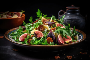 Poster - fresh autumn salad with figs, arugula, cheese and nuts on wooden table. Ai generative