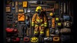 © designprojects - a firefighter uniform and many tools. Generative AI Art.