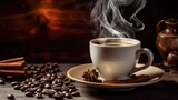 Fototapeta  - Cup of coffee with smoke and coffee beans on old wooden background. Generative AI