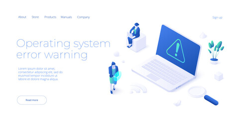 Operating system error warning illustration in isometric vector design. OS alert concept or website mistake. Computer failure or danger, maintenance problem.