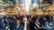 A captivating multiple exposure photograph capturing the dynamic layers of a bustling business environment. Blurred crowds of people merge together, symbolizing the fast-paced urban life. 