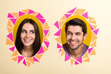 Portrait Of Two Positive Funky Partners Beaming Smile Look Each Other Through Hole Photo Zone Paper Background