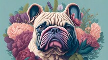 Bulldog Head Image With Flower Art Illustration, Generative Ai Art