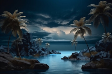 Wall Mural - Abstract tropical island landscape. 3D modern art mural wallpaper with matte dark blue background. Dark landscape with palm trees, moon, mountains and ocean. Minimalistic style. Generative AI