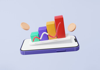 Wall Mural - Analytics data red graph higher on smartphone coin floating on purple background. online investment exchange, stock trader financial business economics concept. minimal cartoon. 3d render illustration